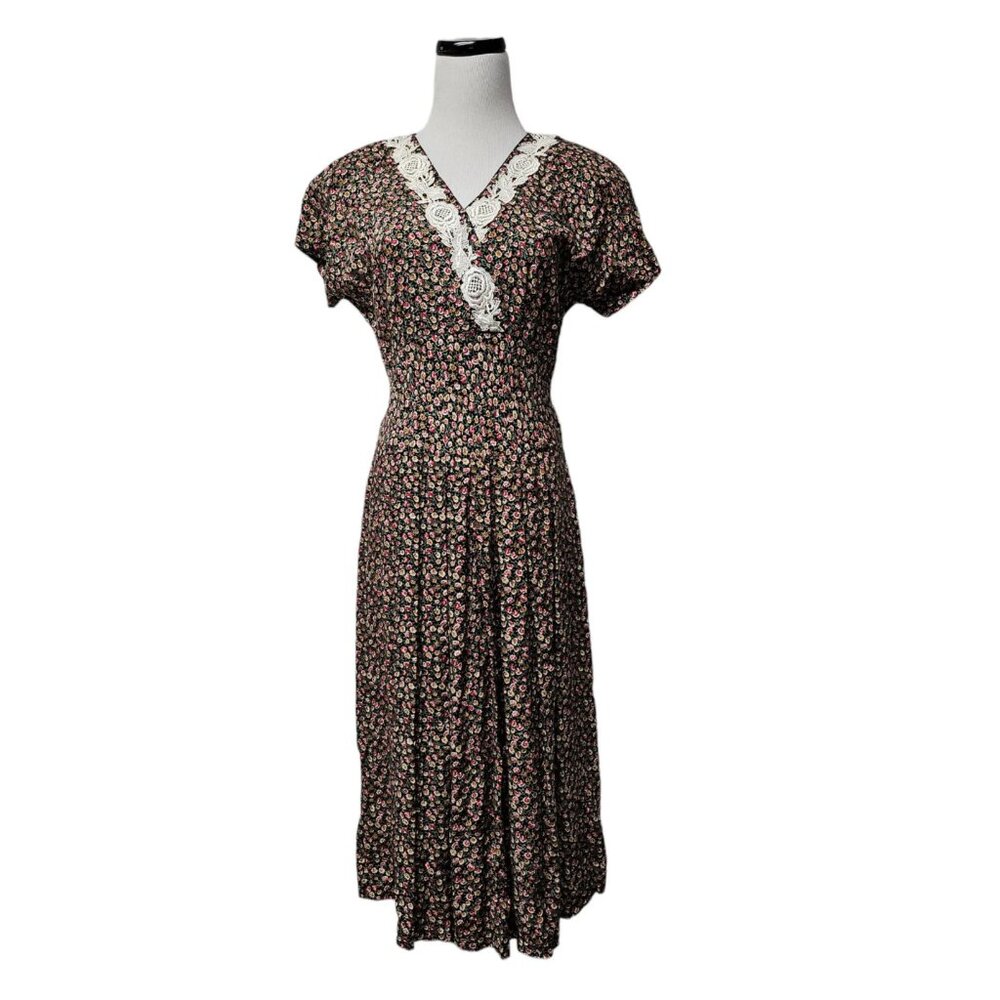 90s Halmode Petites floral print overlap V front pleated midi dress . size 8